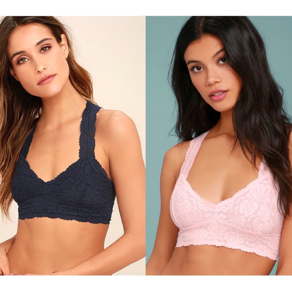 Free People Galloon Racerback Navy Blue and Light Pink Lace Bralette